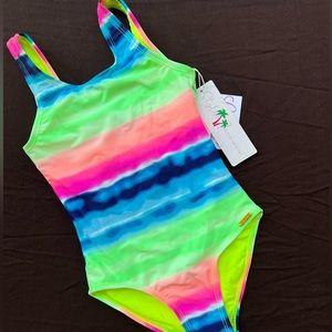 Vibrant neon rainbow kids swimsuit